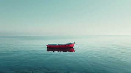 A small red boat sits calmly on a still body of water. The sky is clear and blue, and the water is...