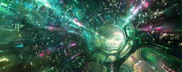 Visualize a vast digital realm blending quantum computing and subconscious exploration Incorporate surreal, crystalline dreamscapes into a teeming metropolis, observed from a spiraling, corkscrew pers