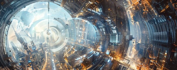 Visualize a vast digital realm blending quantum computing and subconscious exploration Incorporate surreal, crystalline dreamscapes into a teeming metropolis, observed from a spiraling, corkscrew pers