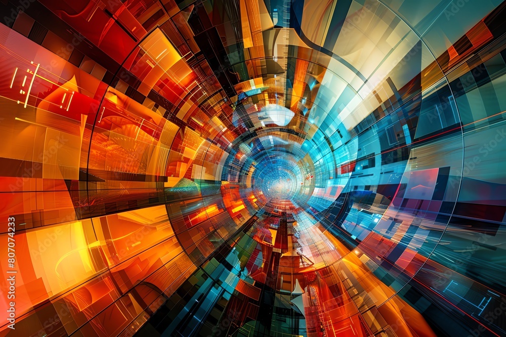Fototapete capture a dynamic low-angle view of abstract art merging with futuristic technologies show vibrant c
