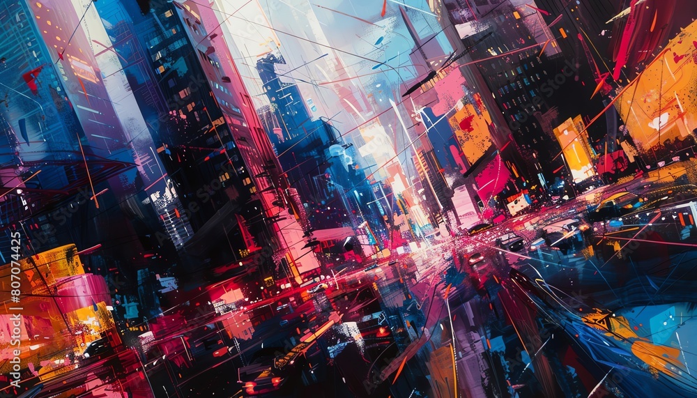 Poster capture the essence of a futuristic metropolis in a gleaming oil painting, blending abstract forms w