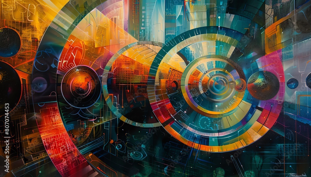 Poster capture the essence of a futuristic metropolis in a gleaming oil painting, blending abstract forms w