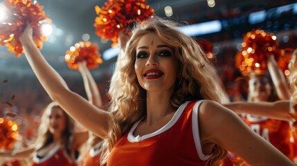 cheerleader group dancing with pom-poms and looking at camera at basketball stadium