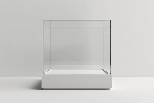 Modern glass display case sits in a minimalist space, showcasing a sleek design, perfect for art galleries and exhibitions