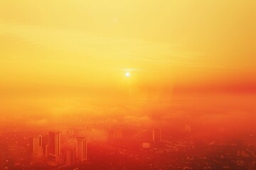 A city skyline is shown with a bright orange sun in the sky