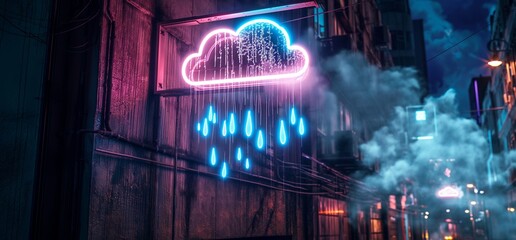 A neon sign of a rain cloud glowing in the dark, with rain falling from it. The light beam shines on a building wall, creating an effect that makes you feel like it is raining outside.