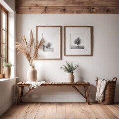  Wooden rustic bench near white wall with frames. Farmhouse, country, boho interior design of modern home entryway, hall. 