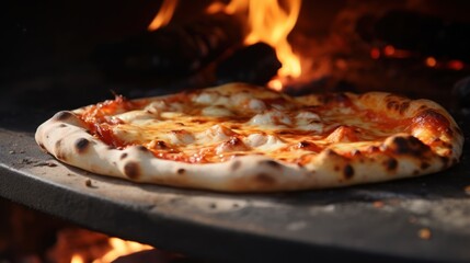 a pizza being pulled out of a wood-fired oven, with cheese bubbling and toppings glistening. 