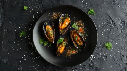 Sensory Delight Succulent Grilled Mussels on Elegant Black Plate, Authentic Mediterranean Cuisine
