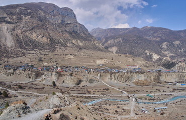 A panorama on the high altitude village Manang, seen from a point view above Gangapurna Lake....