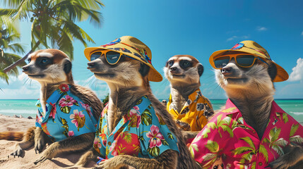 whimsical image of a group of meerkats dressed in colorful Hawaiian shirts and sun hats, lounging on a sandy beach against a backdrop of palm trees and blue skies
