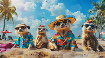 whimsical image of a group of meerkats dressed in colorful Hawaiian shirts and sun hats, lounging on a sandy beach against a backdrop of palm trees and blue skies - obrazy, fototapety, plakaty