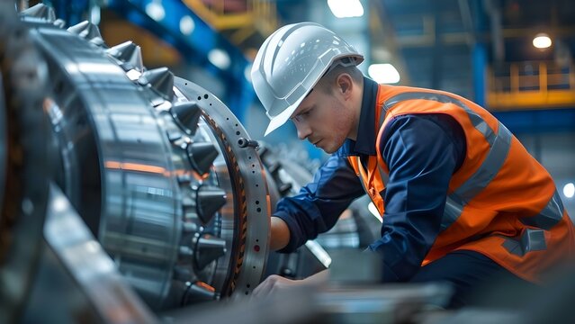 Inspecting and disassembling turbines at an energy generation stations turbine shop. Concept Turbine Maintenance, Energy Generation, Power Plants, Inspections, Mechanical Engineering