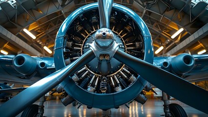Closeup image showcasing intricate design mechanics of aircraft propeller. Concept Aircraft Propeller Design, Closeup Photography, Mechanical Engineering, Aviation Technology