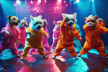Group of cheerful dogs dancers in tracksuits dancing disco on the dance floor together