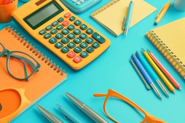 A desk with a calculator, pens, and notebooks
