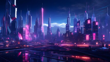 Futuristic city at night with illuminated skyscrapers. Panorama