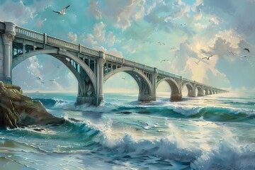 Majestic Coastal Bridge Spanning the Vast Ocean Backdrop with Glimmering Waves and Soaring Birds