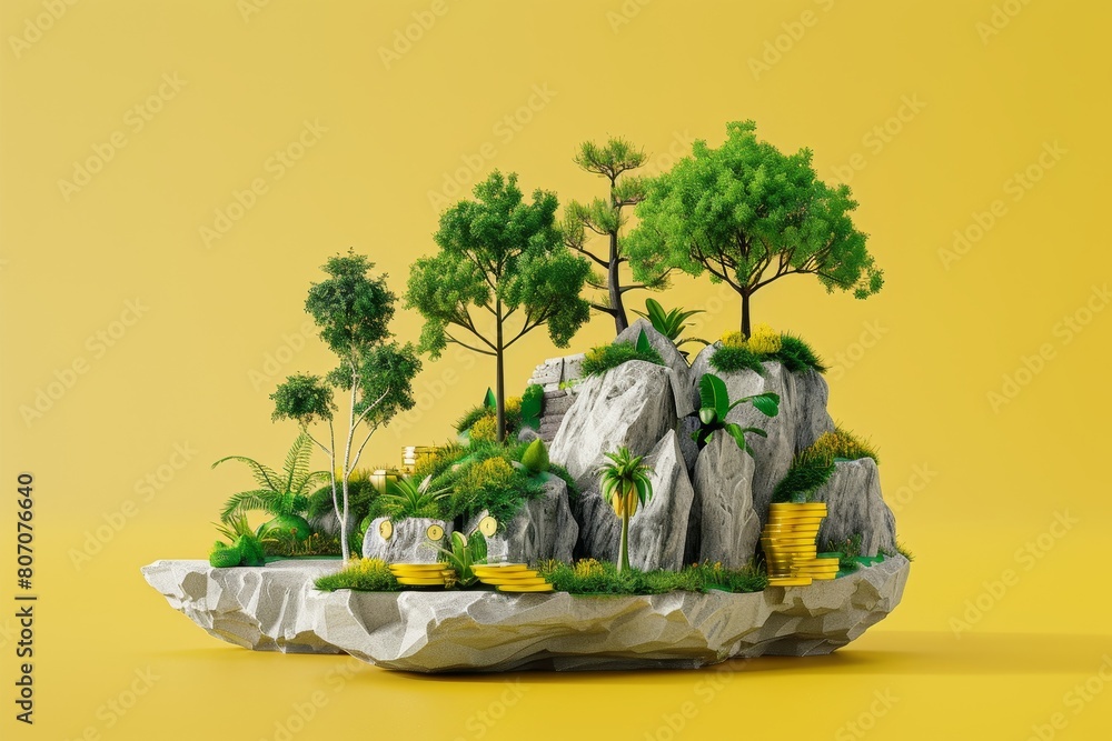 Poster a tree with a coin on top of it and a pile of gold coins next to it