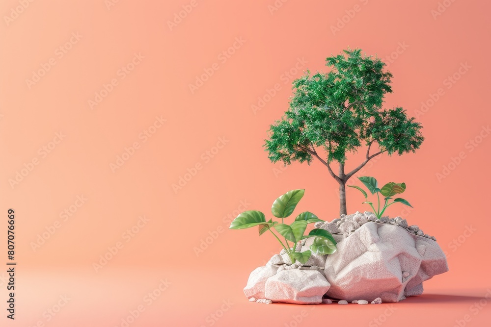 Poster a tree with a coin on top of it and a pile of gold coins next to it