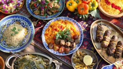 A festive Ramadan iftar table adorned with a variety of Middle Eastern dishes, including biryani, kebabs, and stuffed vine leaves.