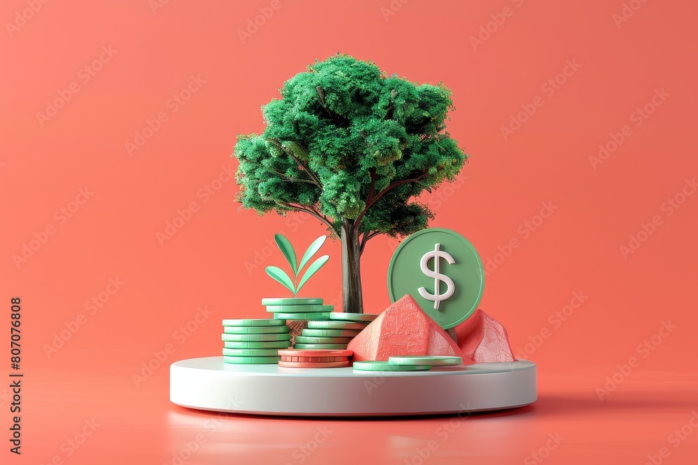 Poster a tree with a coin on top of it and a pile of gold coins next to it