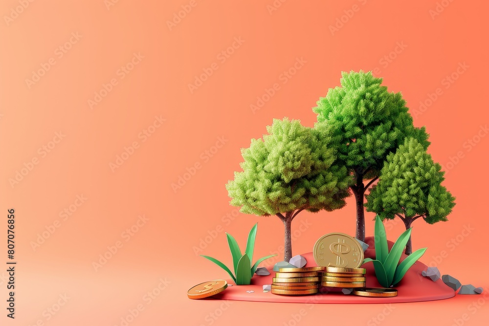 Poster a tree with a coin on top of it and a pile of gold coins next to it