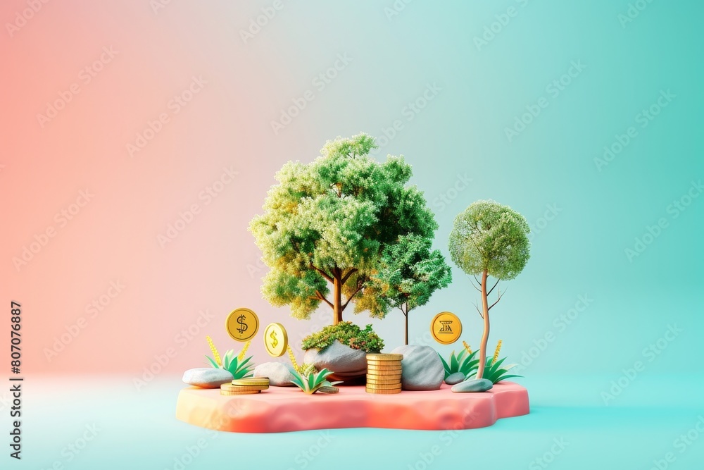 Poster a tree with a coin on top of it and a pile of gold coins next to it