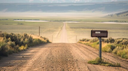 The image shows a lonely mailbox standing by the side of a long, empty dirt road.