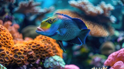 Underwater Symphony Vibrant Blue Jaw Triggerfish Among Colorful Corals in Saltwater Aquarium Environment
