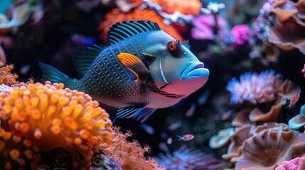 Underwater Symphony Vibrant Blue Jaw Triggerfish Among Colorful Corals in Saltwater Aquarium Environment
