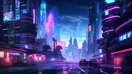 Night city panorama with neon lights and skyscrapers, 3d illustration