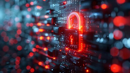 A computer screen with a red glowing lock on it