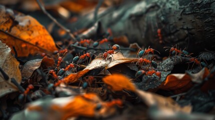 A group of ants foraging for food amidst fallen leaves on the forest floor, each one diligently contributing to the collective effort.