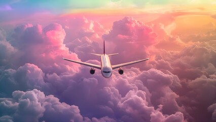 A magnificent aircraft soaring through a colorful sky over fluffy clouds. Concept Airplane, Sky, Clouds, Flight, Colorful