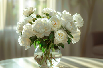 Snow-white huge varietal buds peonies bouquet transparent vase table rooms sunny spring day. Festive bouquet from florists. Delivery flowers to any wife or mother. Template or postcard or for the site