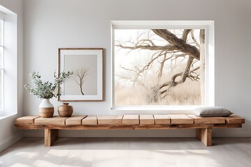  Wooden rustic bench near white wall with frames. Farmhouse, country, boho interior design of modern home entryway, hall. 
