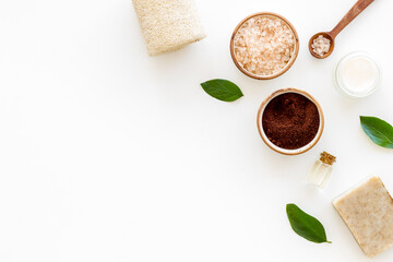 Top view of spa body care cosmetic with coffee scrub and soap