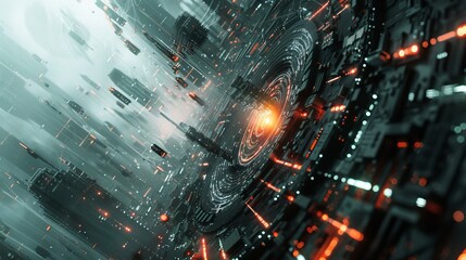 A futuristic cityscape with a large, glowing hole in the center