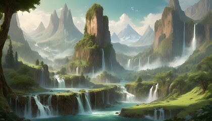 A fantasy landscape with towering mountains and ca upscaled 14