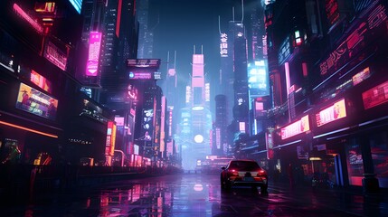 Night cityscape with road and cars, 3d rendering. Computer digital drawing.