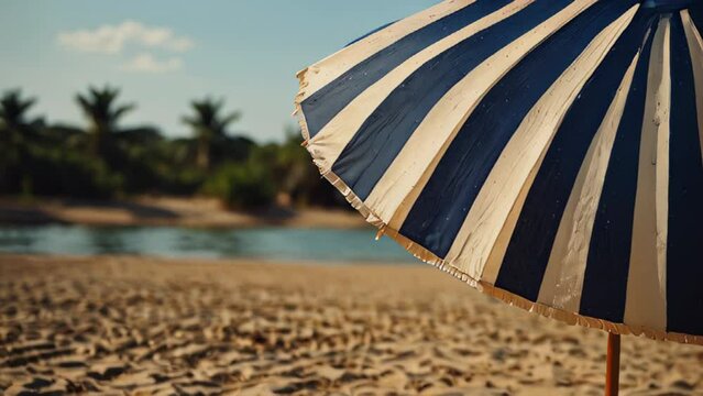 A beach umbrella is open on a sandy beach