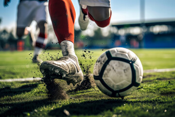 A soccer player dribbling and kicking a ball on a field