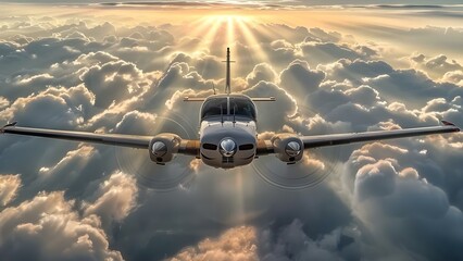 A small private propeller plane flying amidst clouds with sunbeams. Concept Aircraft Photography, Cloudscape, Sunbeams, Travel, Aviation,