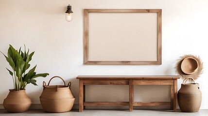  Wooden rustic bench near white wall with frames. Farmhouse, country, boho interior design of modern home entryway, hall. 