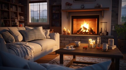 A cozy living room with a fireplace, soft lighting, 