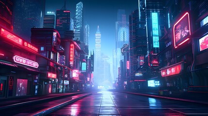 Illuminated city street at night with neon lights. 3d rendering