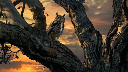 A great horned owl perched on a tree branch at sunset. The owl is looking to the left of the frame, and the sun is setting behind it. - Powered by Adobe