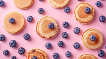 Fototapeta premium Sophisticated top view portrait of pancakes and blueberries displayed in a flawless geometric arrangement on a gently transitioning soft pink background