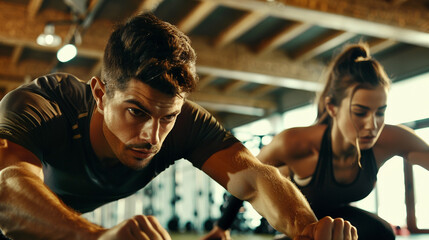 A man and woman in a gym setting, engaged in a workout routine that involves push-ups - Powered by Adobe